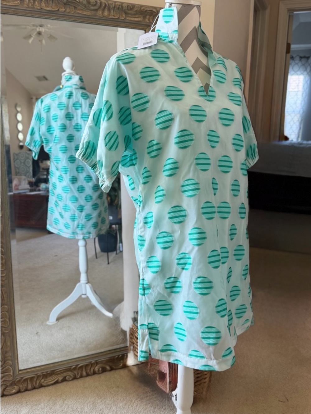 Light Aqua Polka Dot V-Neck Women's Dress